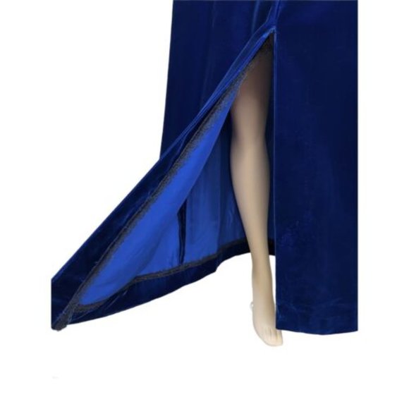 Vintage Formal Gown Blue Velvet Bead Rhinestones V Neck Empire Waist Size Small - Picture 5 of 10